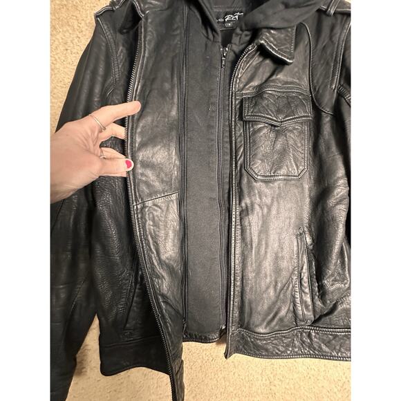 Black Rivet Leather Jacket GIII Mens SMALL Bomber Removable Hood MSRP $600 - Picture 8 of 16